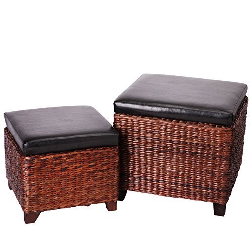 Eshow 2-Piece Rattan Storage Ottoman Set - Leather Foot Rest Pouf with Tray, Decorative Cube Stool for Living Room, Bedroom & Patio Seating Furniture