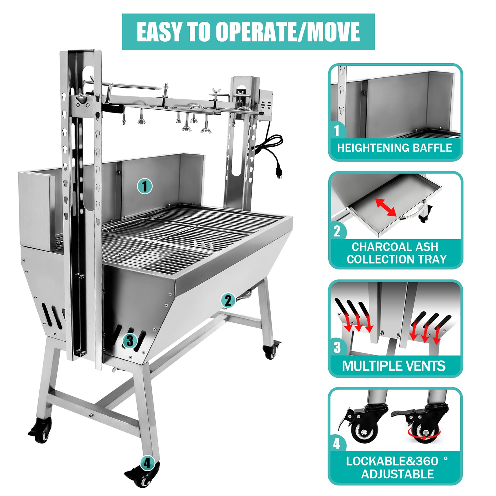Premium 132LBS Heavy-Duty Charcoal BBQ Rotisserie Grill - Adjustable Height Hog Roaster & Lamb Spit Machine with Baffle for Outdoor Cooking, Camping, Picnics, and Backyard Parties