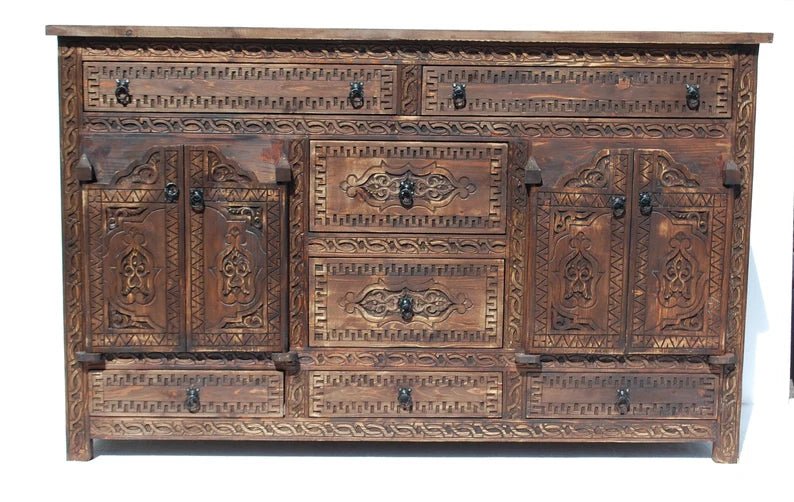 Hand Carved Brown Sideboard Buffet Table with Four Doors - Rustic Farmhouse Dining Room Storage for Dishes, Linens & Entertaining Essentials