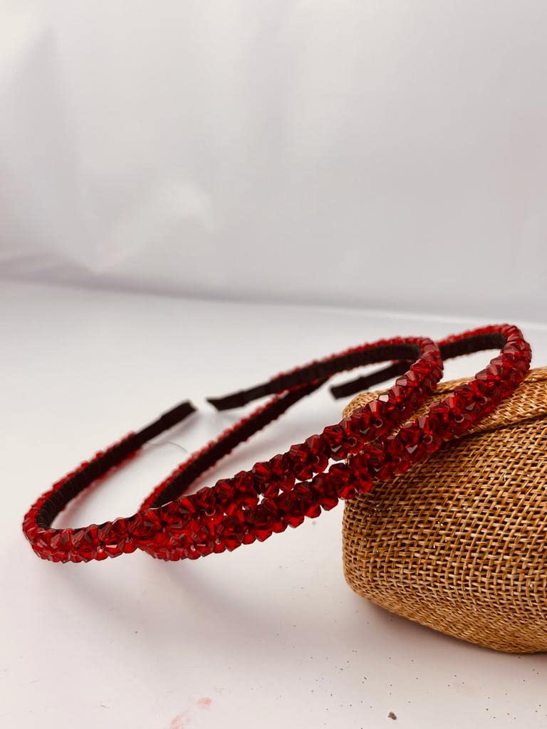2 PCS Red Crystal Rhinestone Headbands - Shiny Non-Slip Beaded Hair Accessories for Women & Girls | Perfect for Parties, Weddings & Special Occasions
