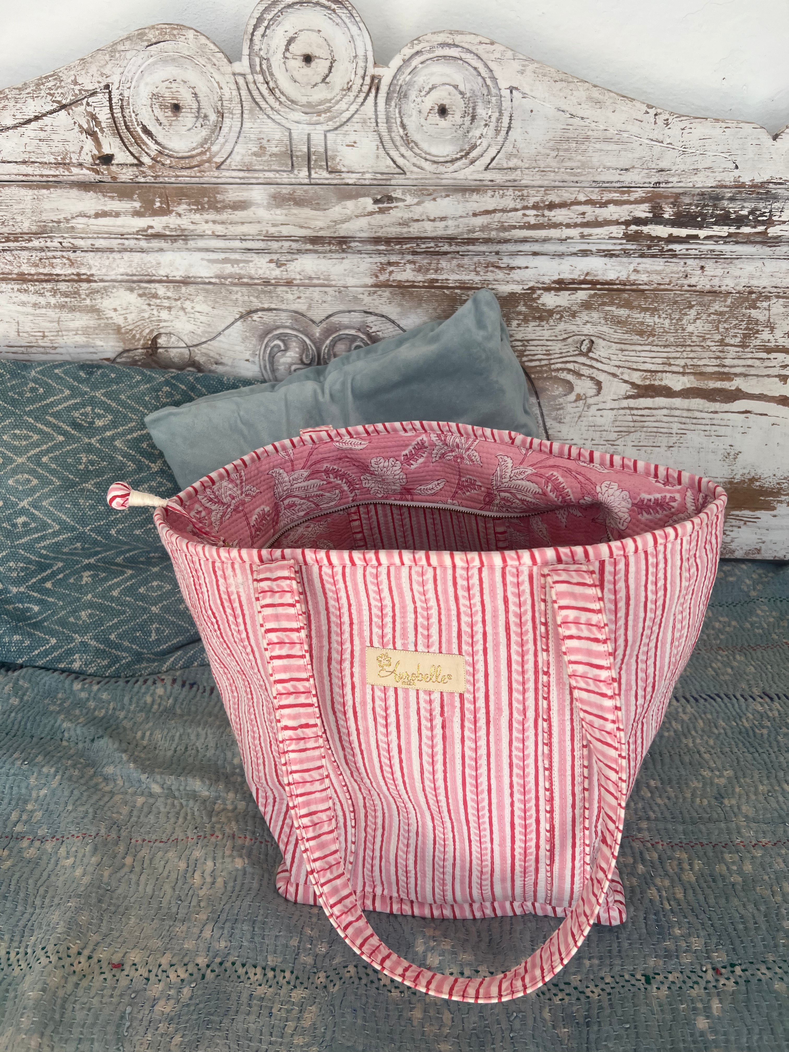 Brigitte Large Quilted Cotton Tote Bag - Pink Block Print Boho Shoulder Bag | Handmade Travel & Beach Tote | Perfect for Shopping, Work & Vacation