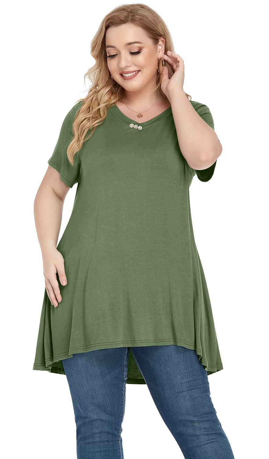 POSESHE Women's Plus Size Summer Tops - Casual Short Sleeve V-Neck Asymmetrical Tunic Blouse for Work, Date & Vacation | Flowy Comfort Shirts for Curvy Women