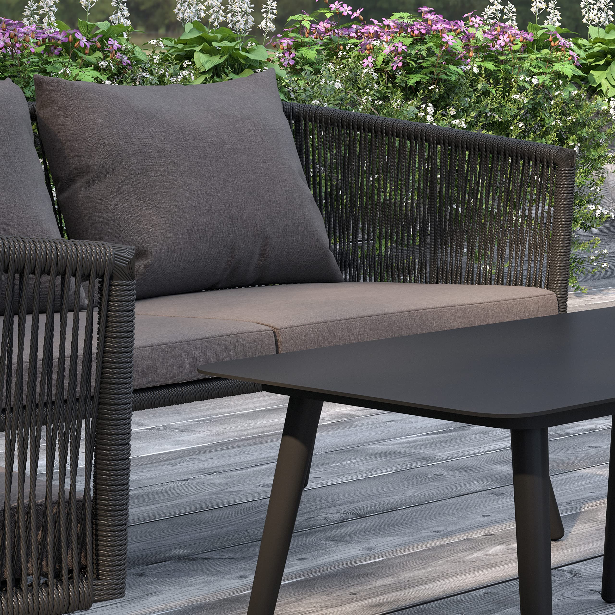 Merrick Lane Magnolia 4-Piece Outdoor Furniture Set - Black Woven Aluminum Loveseat, 2 Chairs & Coffee Table with Gray Cushions - Perfect for Patio, Garden & Backyard Relaxation