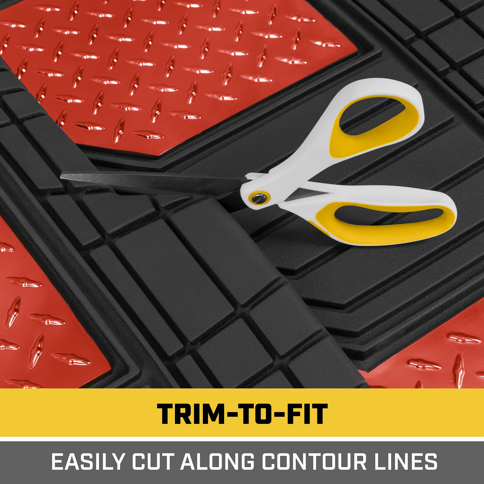 CAT DiamondShield All-Weather Rubber Floor Mats for Cars, Trucks & SUVs - Heavy Duty Front & Rear Set with Anti-Slip Backing & Heel Pad - Universal Fit Trim-to-Fit Design (Red) - Perfect for Road Trips, Off-Road Adventures & Daily Commutes
