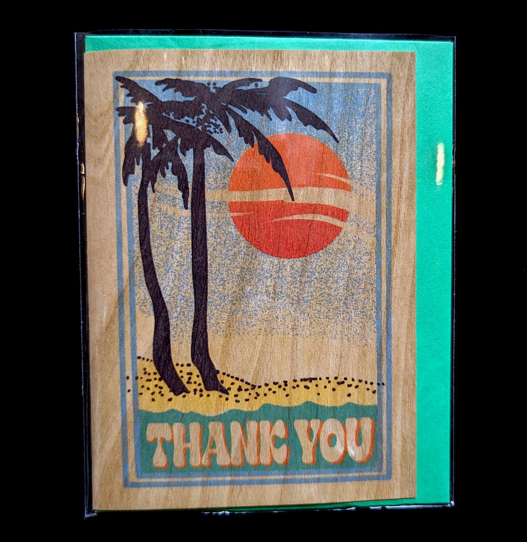 Elegant Folding Wooden Sunset Palm Thank You Card - Perfect for Weddings, Anniversaries & Special Occasions
