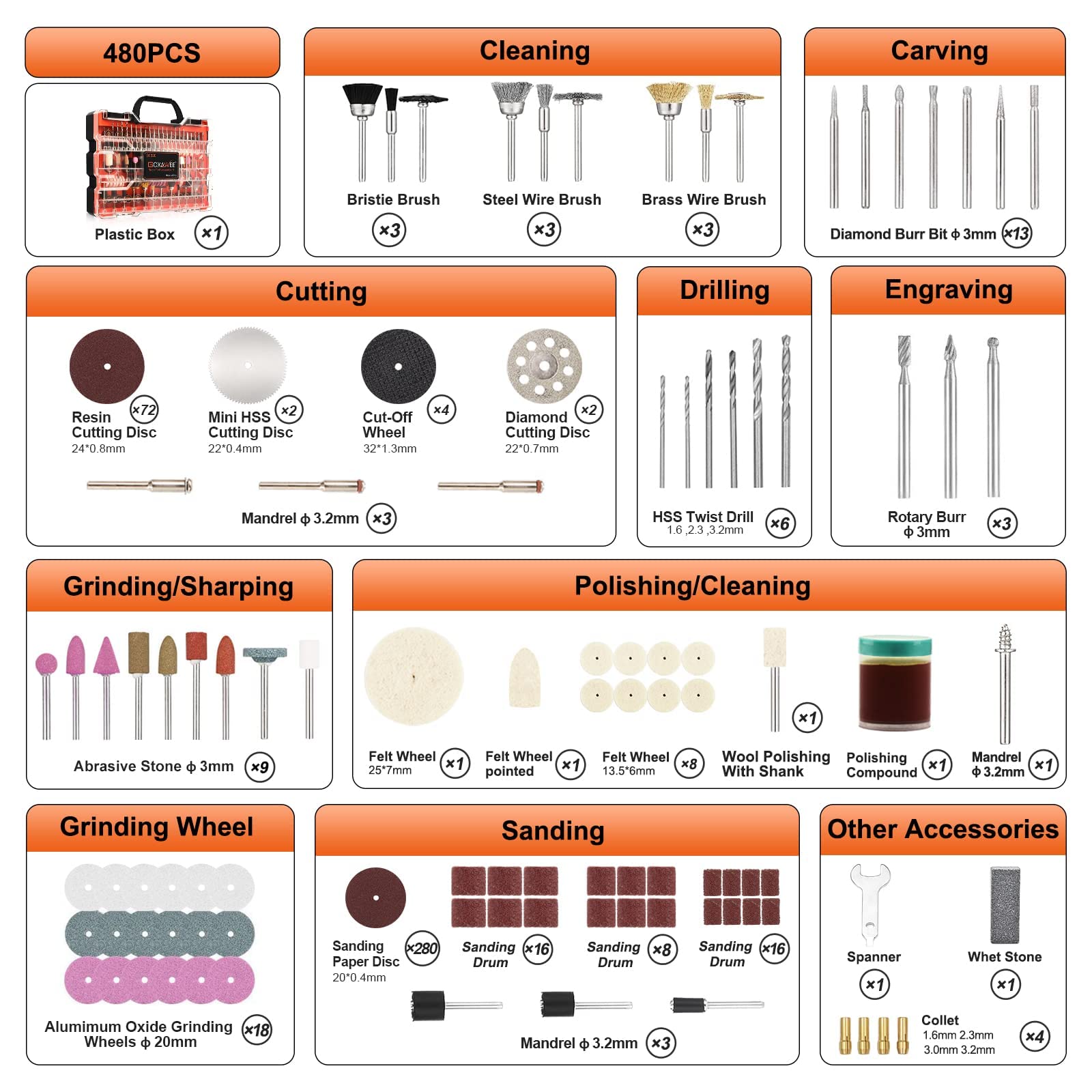 GOXAWEE 480-Piece Rotary Tool Accessories Kit with 1/8