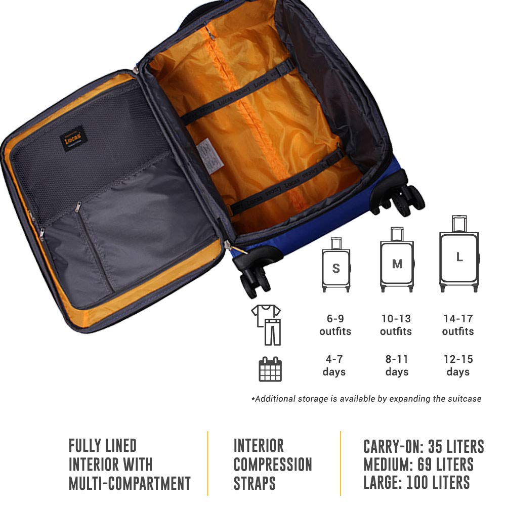 Lucas Designer Expandable 24 Inch Softside Luggage - Ultra Lightweight Durable Checked Suitcase with 8 Spinner Wheels for Travel, Royal Blue | Perfect for Business Trips & Family Vacations