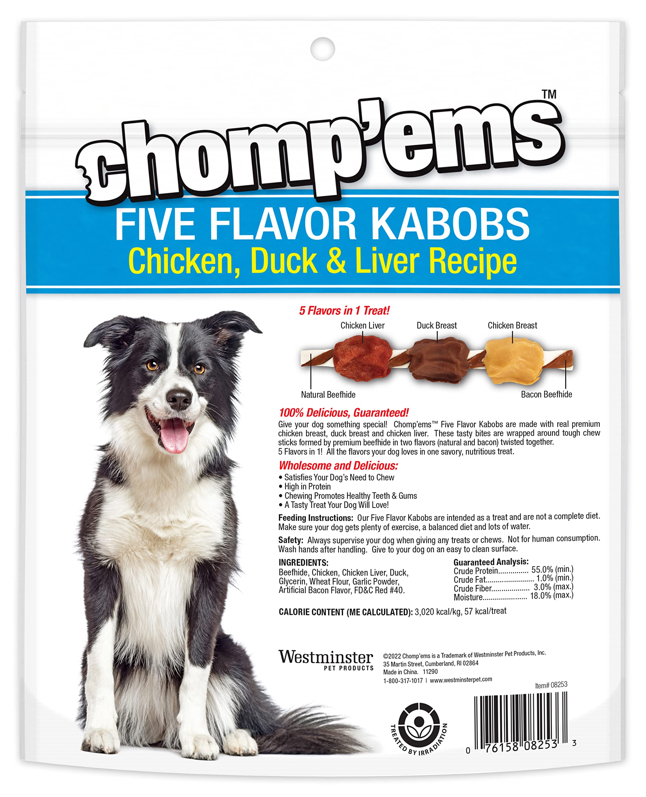 CHOMP 'EMS Five Flavor Kabobs Dog Treats - Beefhide Chewsticks for Dogs - High Protein, Long-Lasting Dog Chews (15 Count) - Perfect for Training, Teething & Dental Health