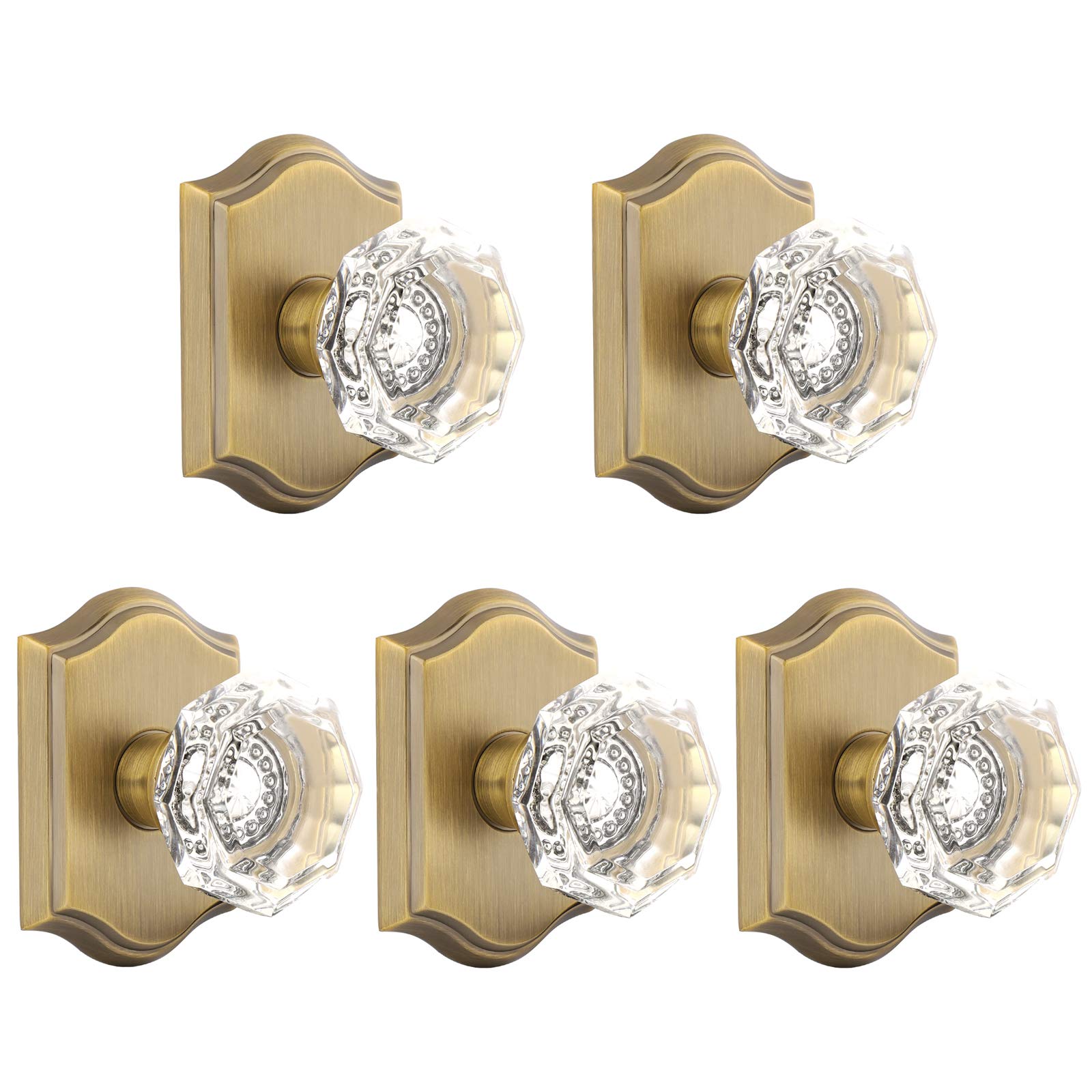 Gobrico 5-Pack Clear Crystal Dummy Doorknobs in Antique Brass - Single Side Non-Turning Door Handles for Hall, Closet & Pantry - Universal Fit for Interior Doors - Elegant Home Decor Upgrade