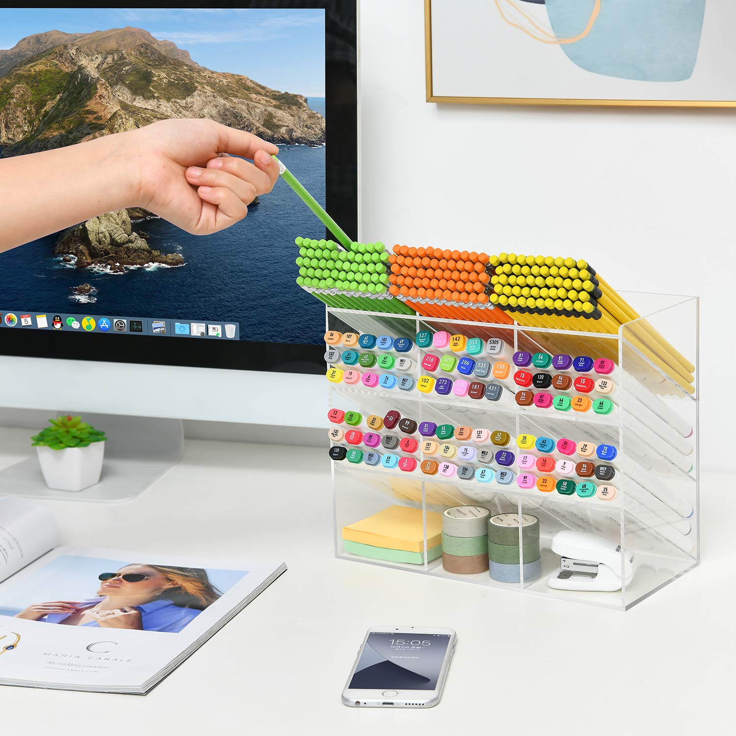 Acrylic Pen Holder & Desk Organizer with 12 Compartments - Clear Pen Storage for Office, School & Art Supplies | Perfect for Organizing Markers, Pencils & Stationery on Work Desk or Study Table
