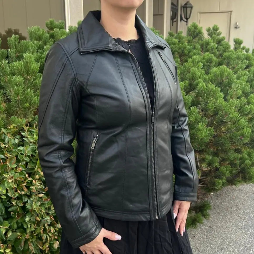 Vintage Women's Lamb Leather Jacket with Classic Collar - Stylish Outerwear for Fall & Winter Fashion, Date Nights & Casual Outings