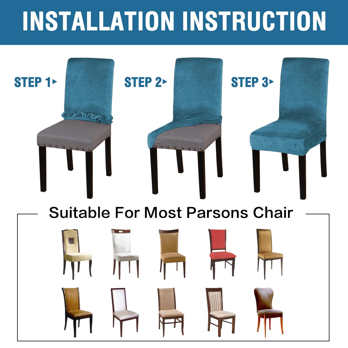 Stretch Velvet Dining Chair Covers Set of 6 - Washable Peacock Blue for Home Decor
