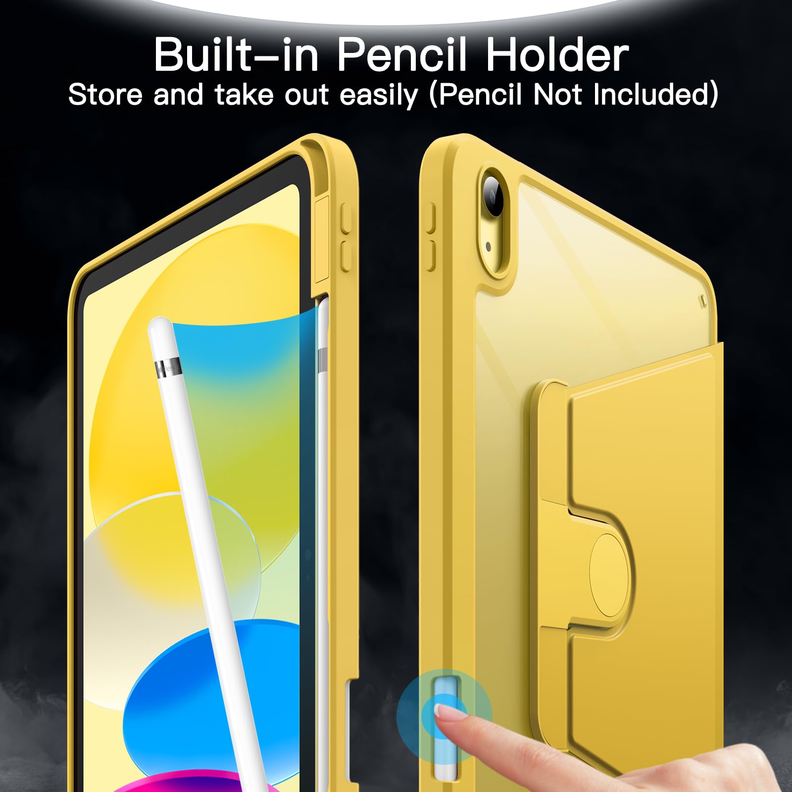 JETech 360° Rotating Protective Case for iPad 11th/10th Gen (2025/2022 Model A16) - Clear Back Cover with Pencil Holder & Auto Wake/Sleep - Perfect for Work, Study, and Entertainment (Yellow)