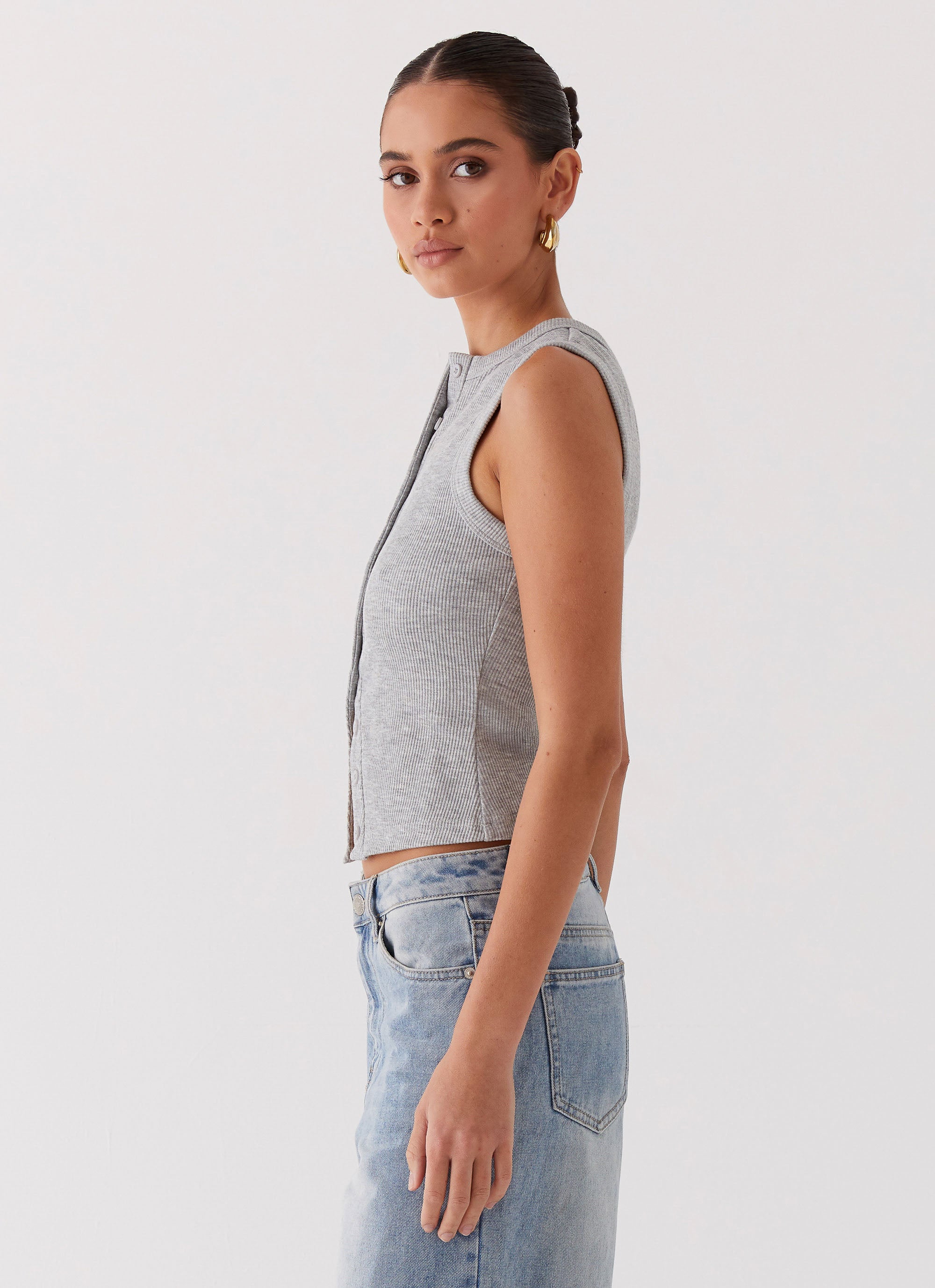 Blair Buttoned Tank Top for Women - Soft Grey Marle Cotton Blend Casual & Layering Staple