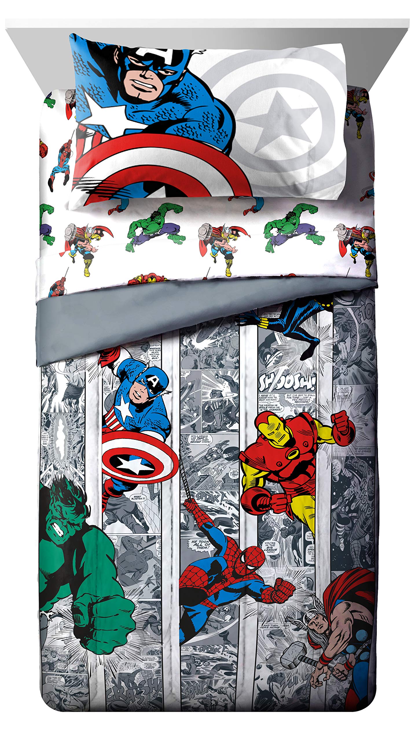 Marvel Avengers Comic 5-Piece Twin Bedding Set - Super Soft Comforter & Sheet Set with Captain America, Spiderman, Iron Man, Hulk & Thor - Perfect for Kids' Bedrooms, Dorm Rooms & Superhero Themed Decor