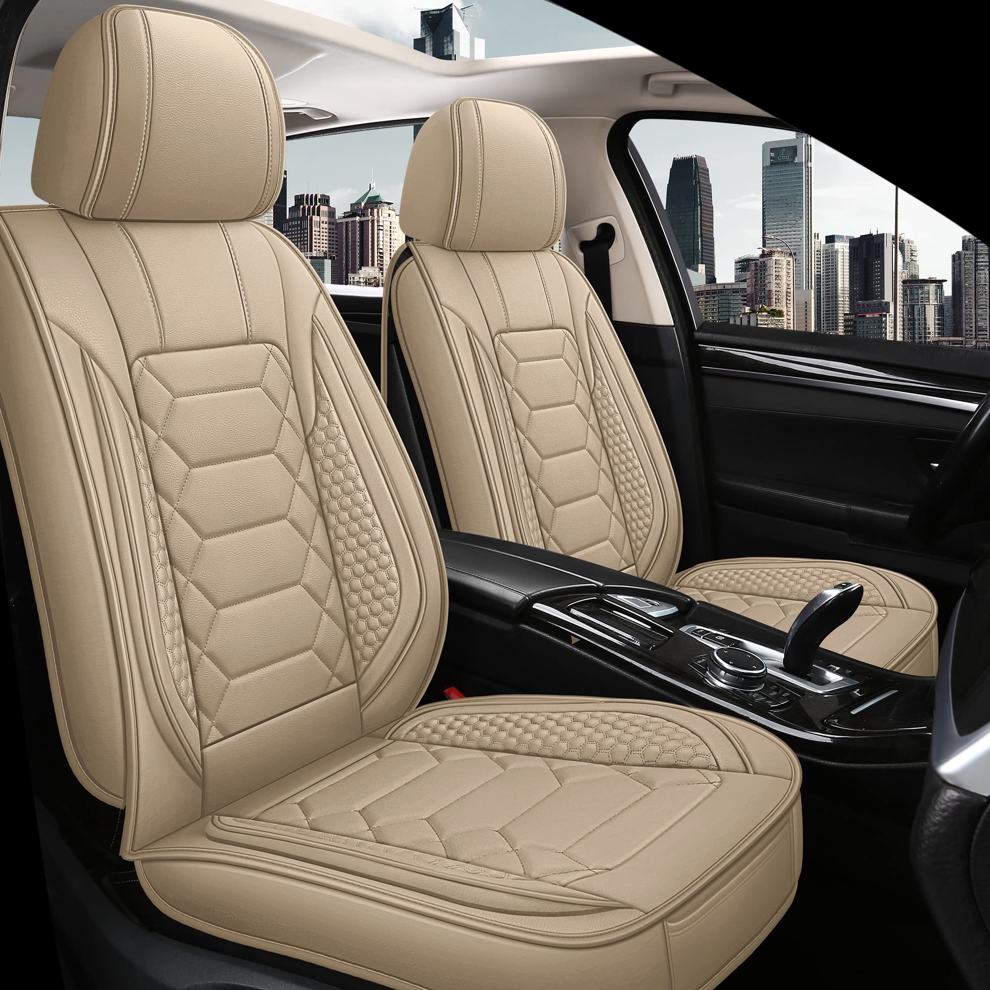 Premium Waterproof Faux Leather Car Seat Covers Front Set - Universal Fit for Most Sedans, Trucks & SUVs - Non-Slip Auto Interior Protection - Beige | Ideal for Daily Commute, Road Trips & Pet Owners