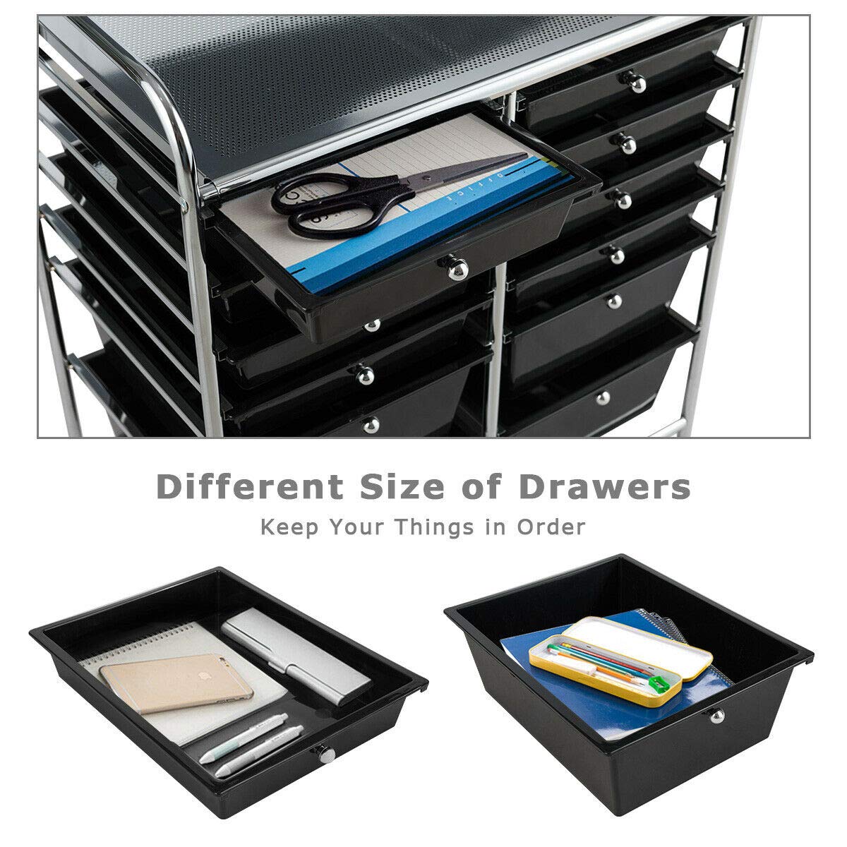 Black 12-Drawer Rolling Cart with Storage Bins - Lightweight Mobile Organizer for Scrapbook Paper, Studio Supplies | Perfect for Home Office, Garage & School | Ideal for Craft Rooms, Workshops & Dorm Organization