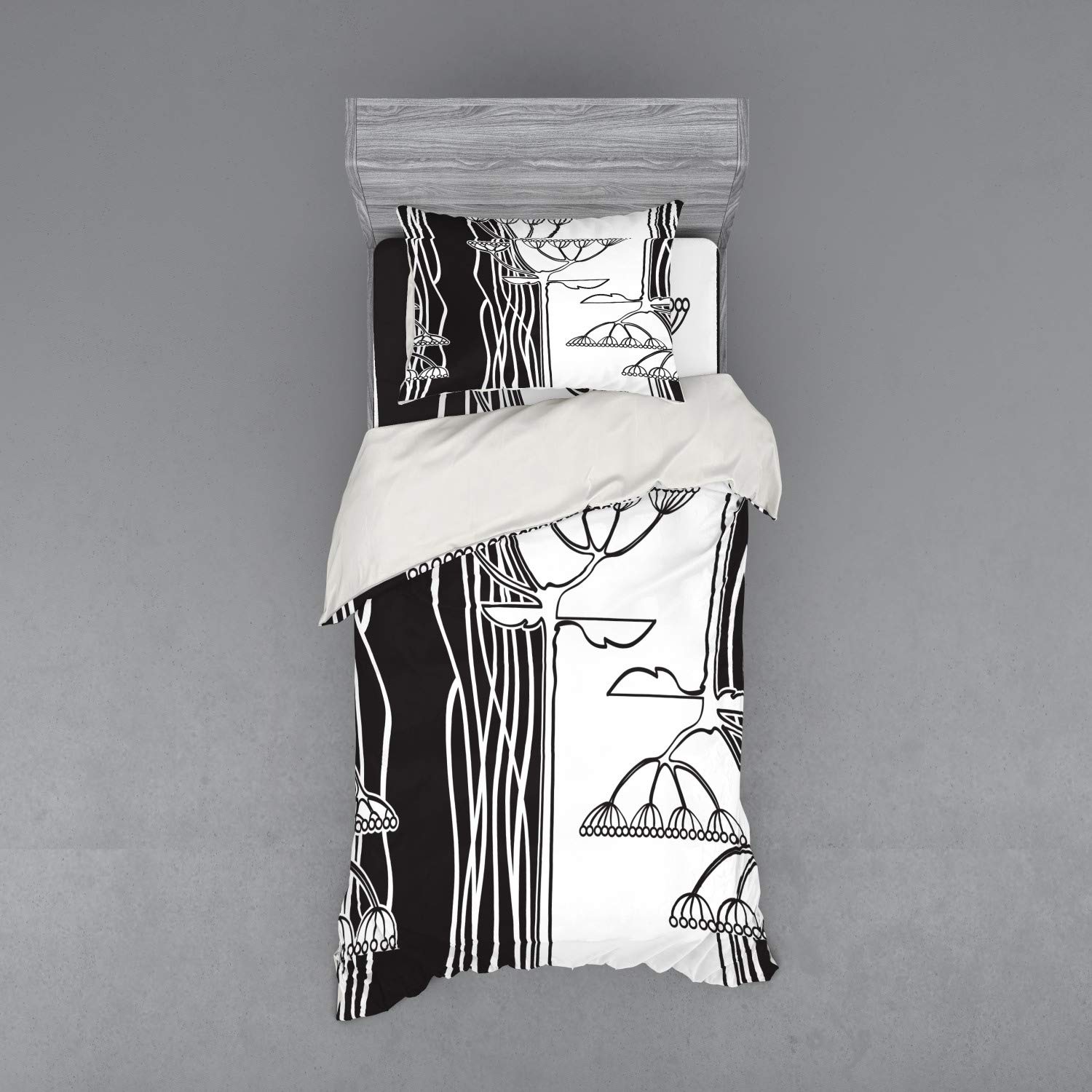 Ambesonne Black and White 3-Piece Duvet Cover Set with Sham & Fitted Sheet - Twin XL Size, Abstract Botanical Print, Monochrome Garden Design - Perfect for Modern Bedrooms, Guest Rooms & Dorm Decor