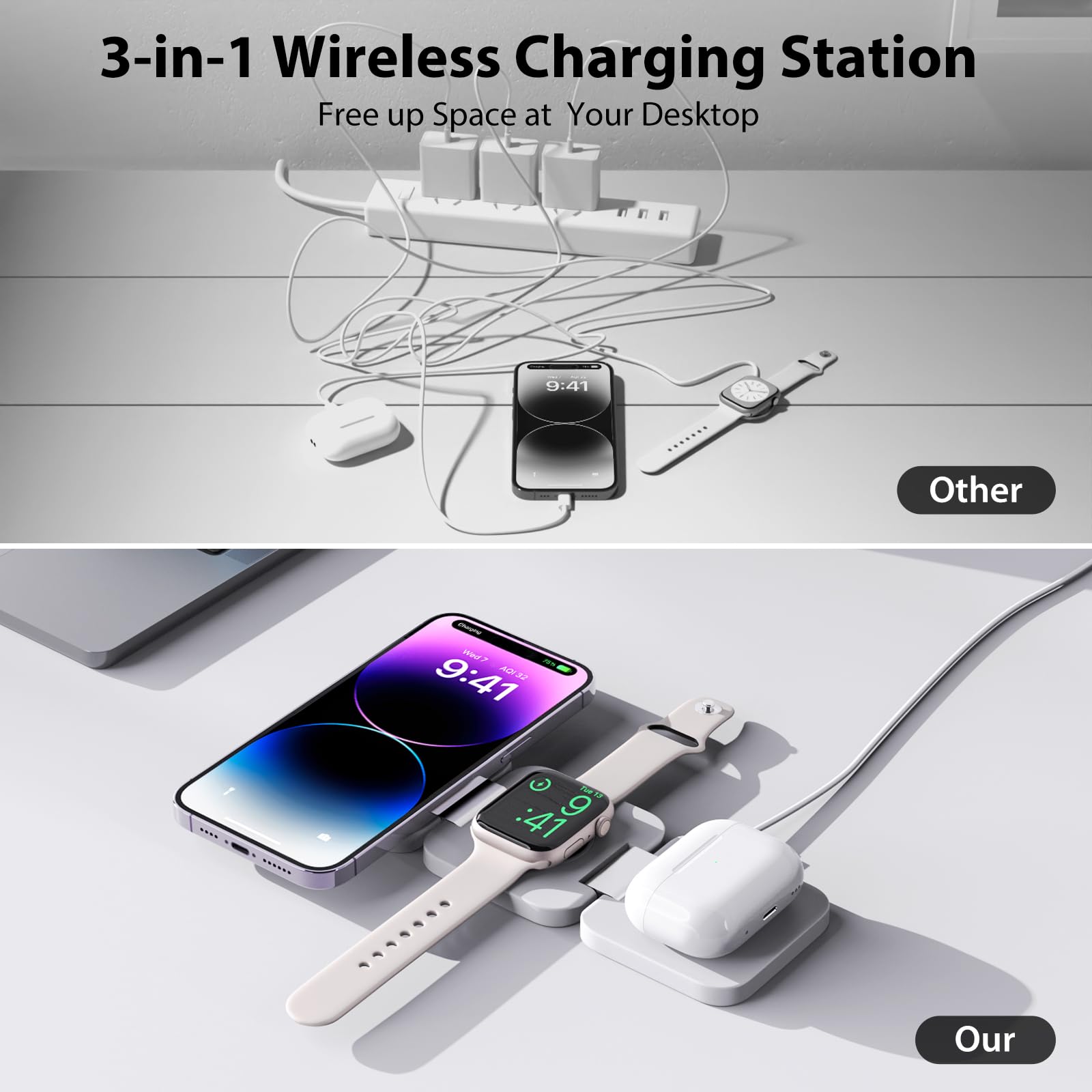 Foldable 3-in-1 Wireless Charging Station for iPhone 16/15/14/13/12 Series (Pro/Pro Max/Mini/Plus), Apple Watch 9/8/7/6/5/4/3/2/SE & AirPods - 5W Fast Charger - White | Perfect for Bedside, Office & Travel Use