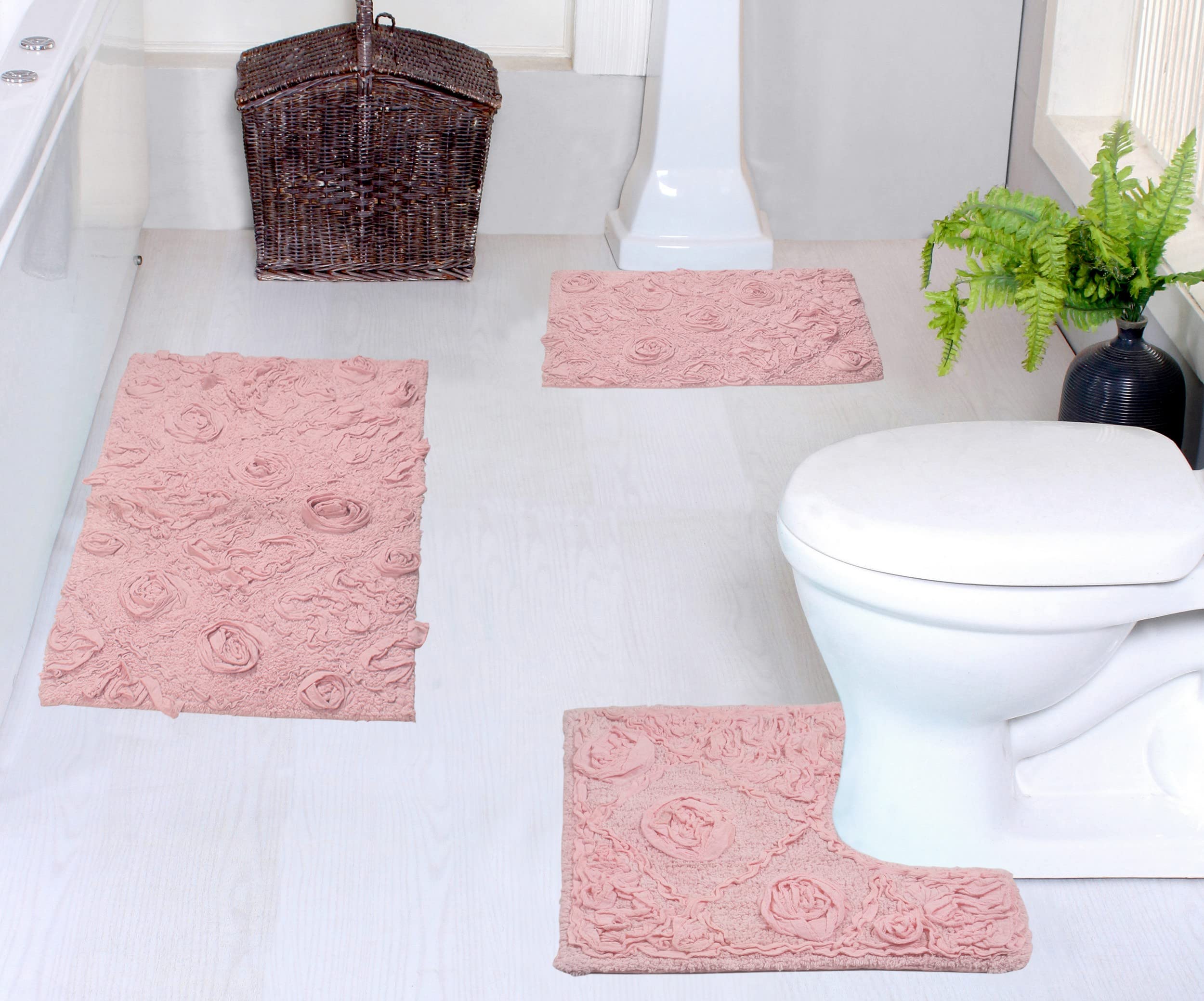 Premium 100% Cotton Bath Rug Set - Ultra Soft, Absorbent & Washable Non-Slip Bathroom Mats - 3-Piece Contour Design for Bathroom & Kitchen Floor - Perfect for Home, Apartment, Spa & Guest Bathroom Use (Pink)