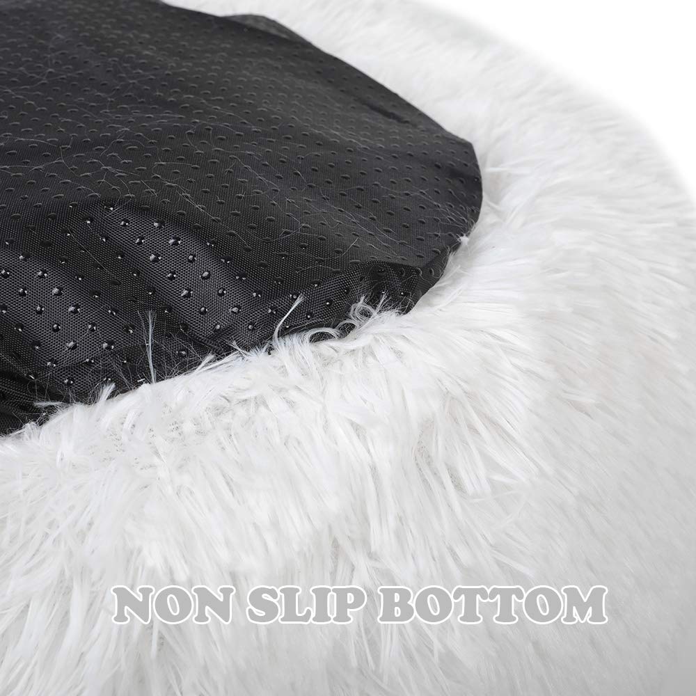 Otoez Round Donut Dog Bed for Small Dogs & Cats - Washable Fluffy Plush Anti-Anxiety Pet Bed with Non-Slip Waterproof Bottom (23.6 Inches, White) - Perfect for Calming Nervous Pets in Living Room or Bedroom