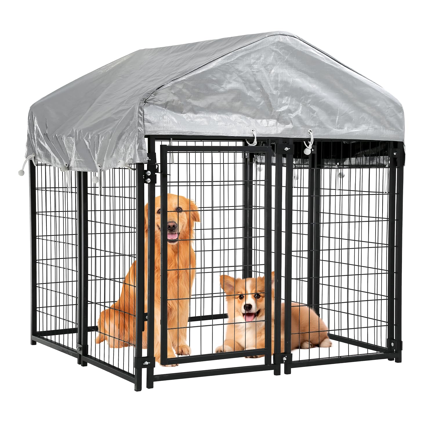 4x4x4.3FT Large Outdoor Dog Kennel with Roof - Heavy Duty Wire Dog Crate, Puppy Playpen & Weatherproof Fence with UV Protection Cover | Perfect for Backyard, Patio & Camping Use