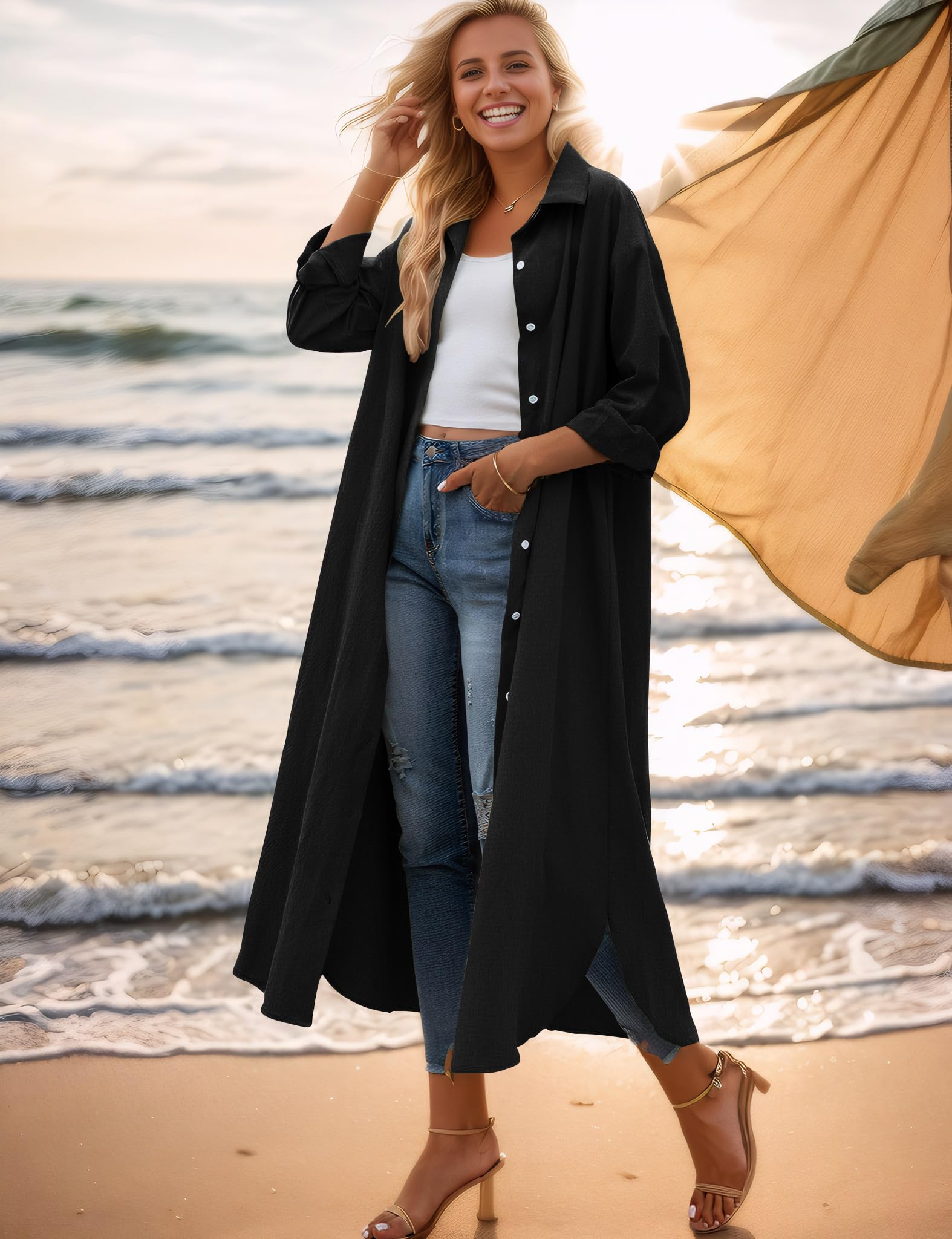 Sopliagon Women's Cotton Linen Shirt Dress - Casual Loose Maxi Dress with Pockets | Summer Beach Cover Up, Boho Chic Outfit for Vacation & Everyday Wear