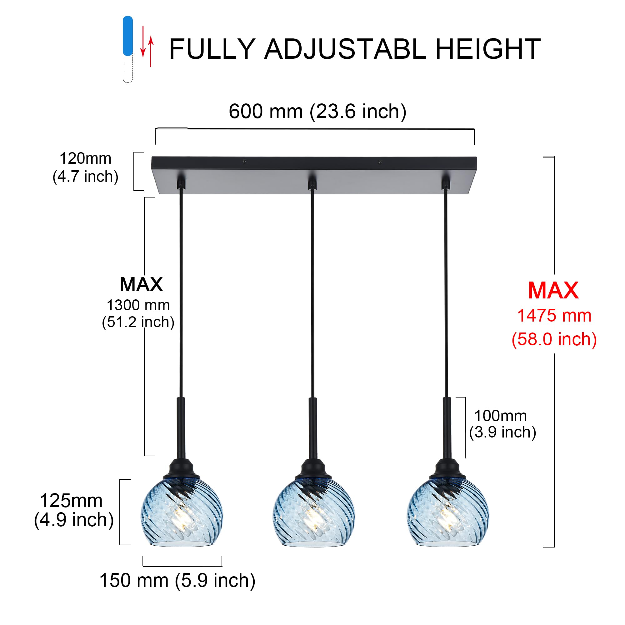 Black Linear Hanging Pendant Light Fixture - 3-Light Farmhouse Chandelier with Striped Swirl Glass Globes for Kitchen Island, Dining Room, Bar & Living Room | Modern Rustic Lighting for Home Decor