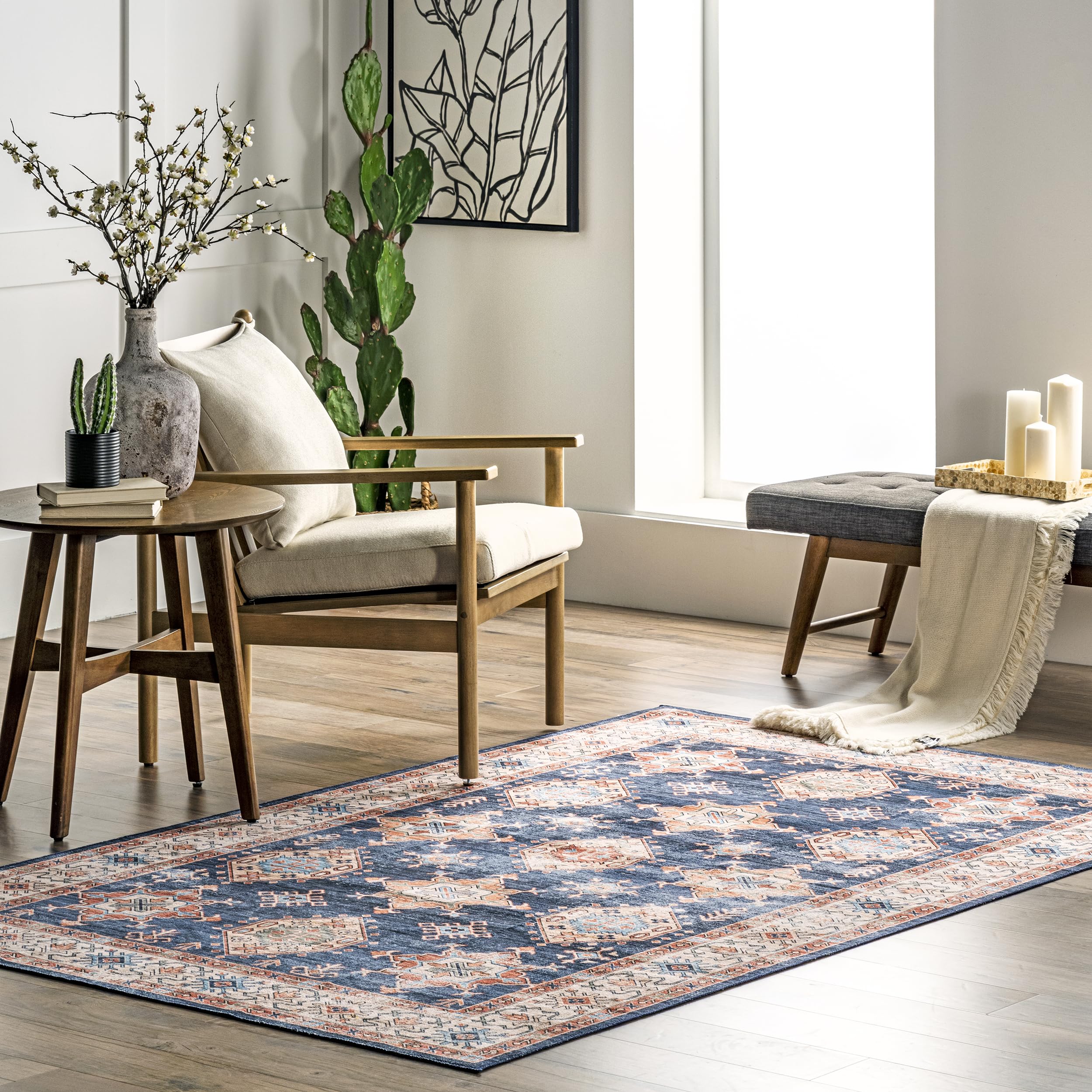 nuLOOM Finley Navy 8' x 10' Washable Area Rug - Stain Resistant, Non-Slip Backing, Low Profile for Living Room, Bedroom & Dining Room | Perfect for High Traffic Areas, Pet-Friendly Homes & Modern Interior Decor
