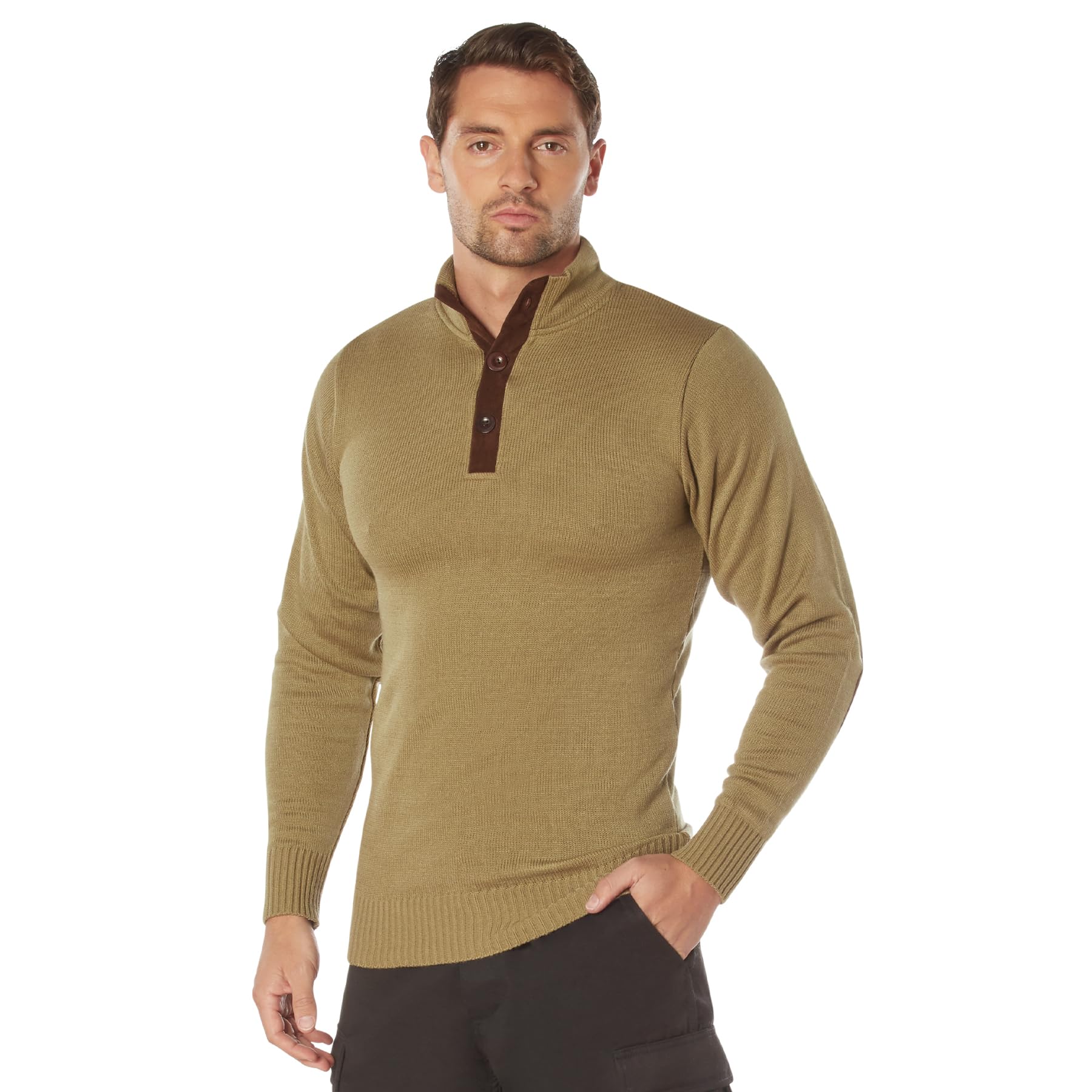 Rothco Vintage WWII Style Tactical Henley Military Sweater with Sleeve Patches - Warm Pullover for Outdoor Adventures, Military Reenactments & Casual Wear