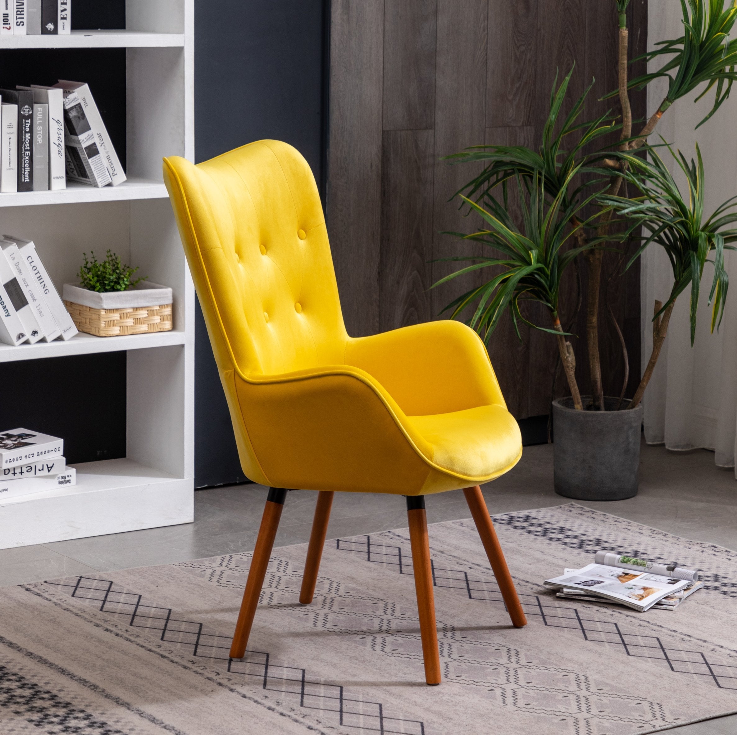 Roundhill Furniture Doarnin Contemporary Silky Velvet Tufted Button Back Accent Chair - Yellow Velvet Lounge Chair for Living Room, Bedroom & Office Decor