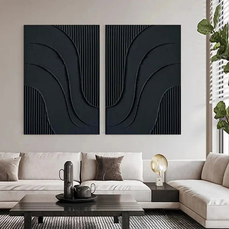 Modern Black Plaster Art Textured Paintings - Set of 2 Minimalist Wall Decor for Living Room, Bedroom & Office | Abstract Home Artwork #MZ027