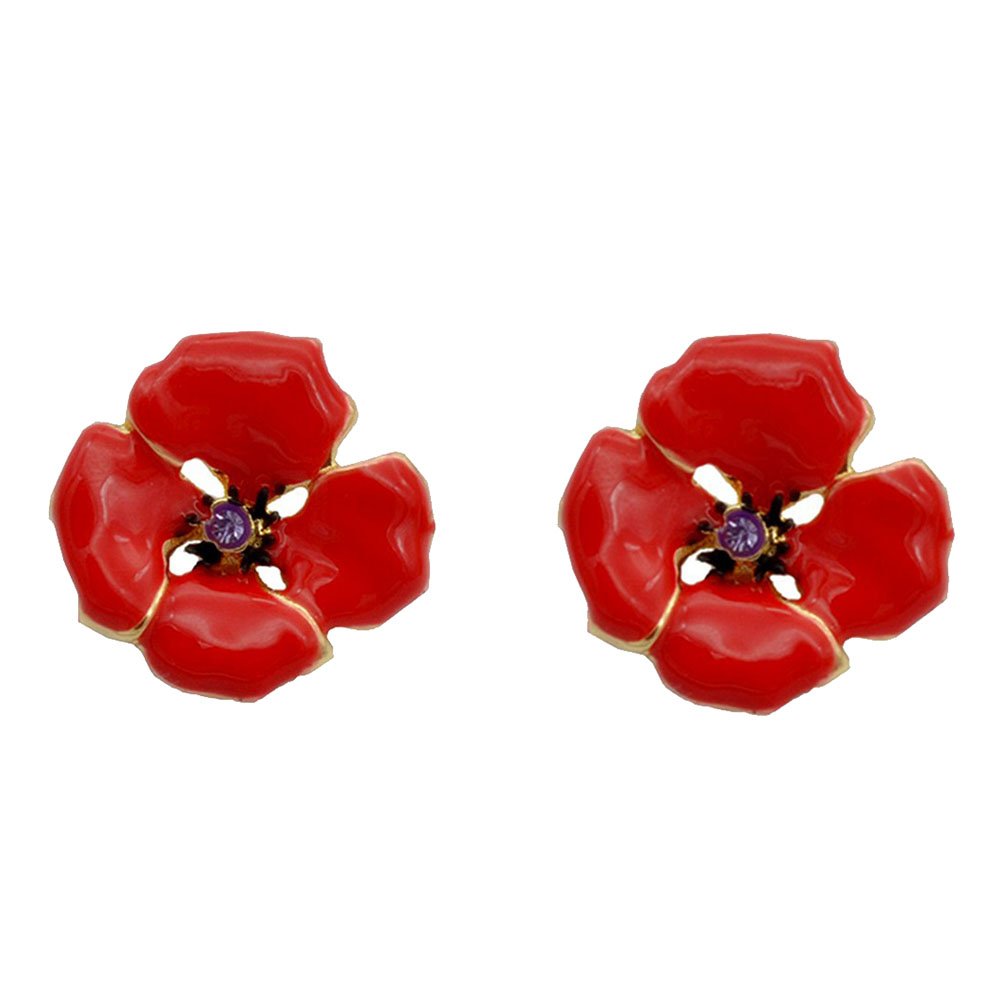 Red Poppy Resin Stud Earrings for Women - Enamel Flower Heart Post Earrings - Lest We Forget Memorial Jewelry - Perfect for Remembrance Day, Veterans Day & Memorial Day Gifts