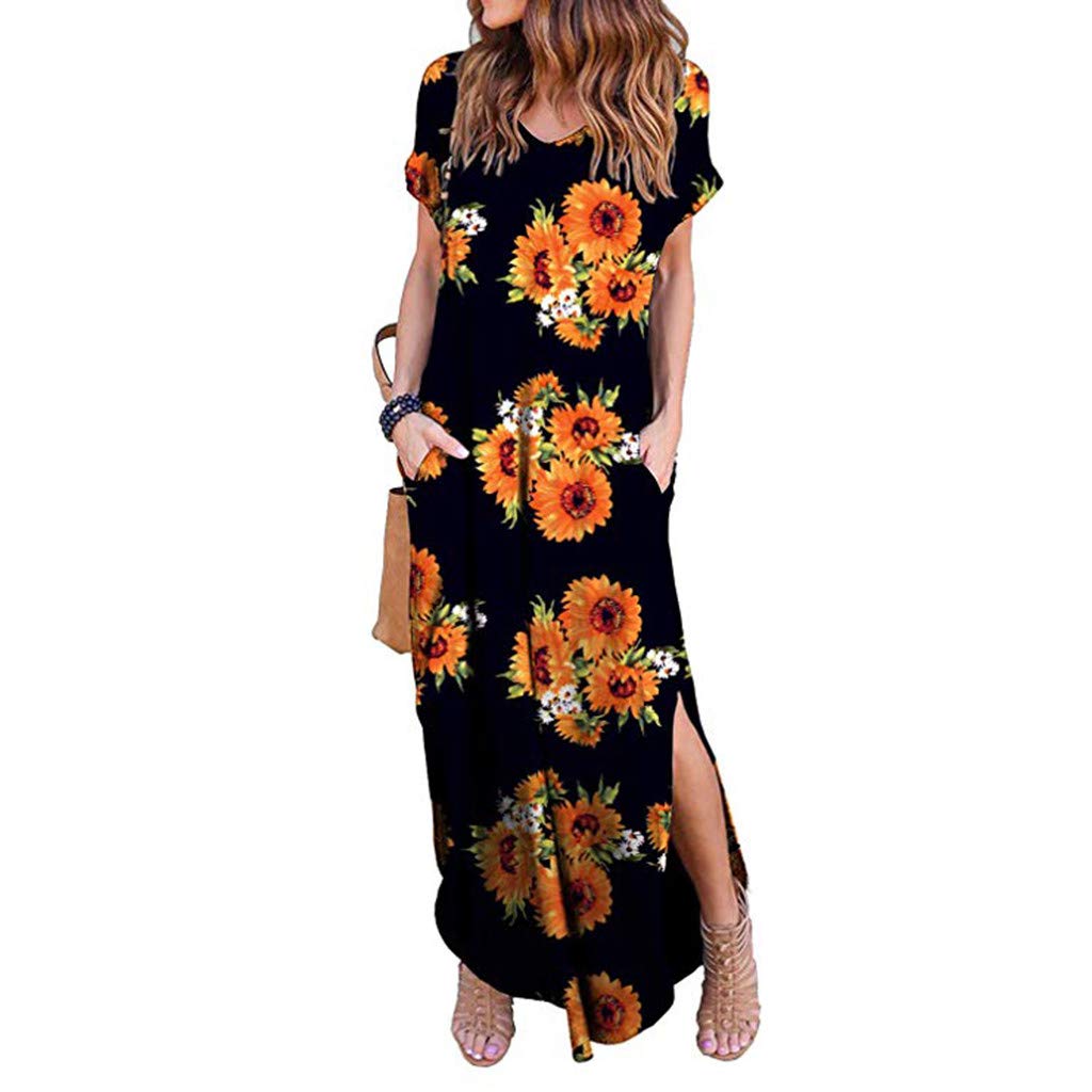 **Plus Size Maxi Dresses for Women - Casual Summer Floral Print Long Dress with Pockets & Short Sleeve, Side Split Design - Perfect for Beach, Vacation & Everyday Wear**