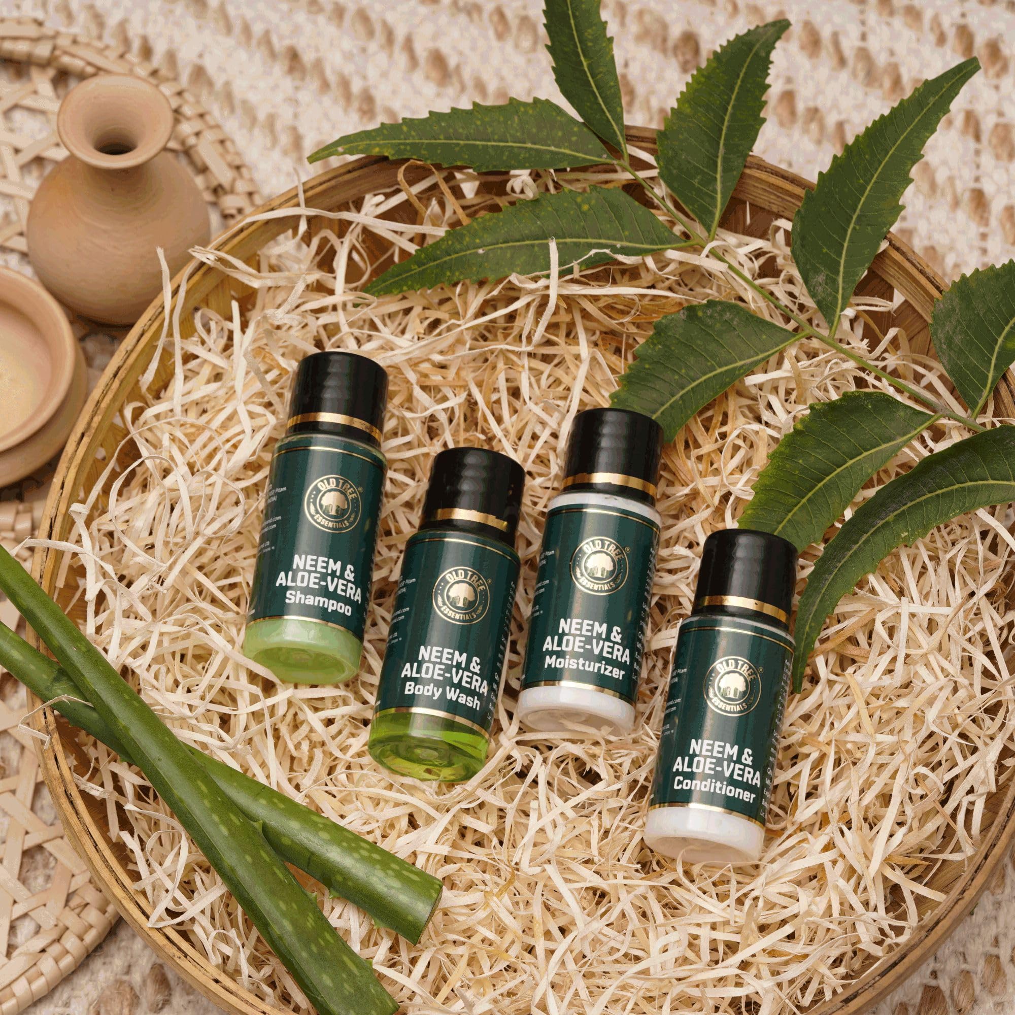 Organic Neem & Aloe Vera Travel Toiletries Set (25-100Pcs) - Shampoo, Conditioner, Body Wash & Lotion for Men & Women | 20ml Travel Size Toiletries Kit for Hotels, Gyms & Air Travel | Natural Hair & Skin Care Essentials