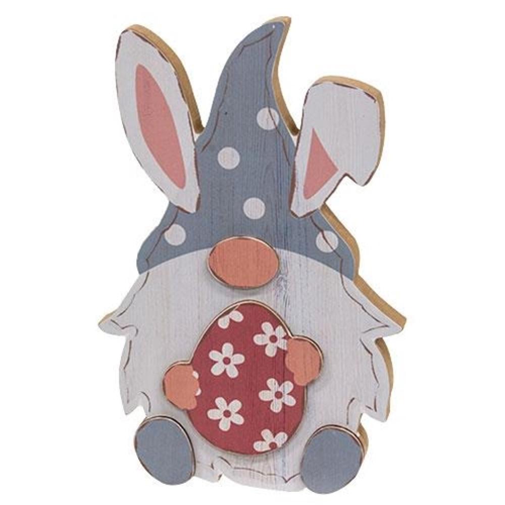 Blue Gnome Bunny with Egg Wood Sitter - Whimsical Easter Decor for Home, Garden, and Spring Table Centerpiece