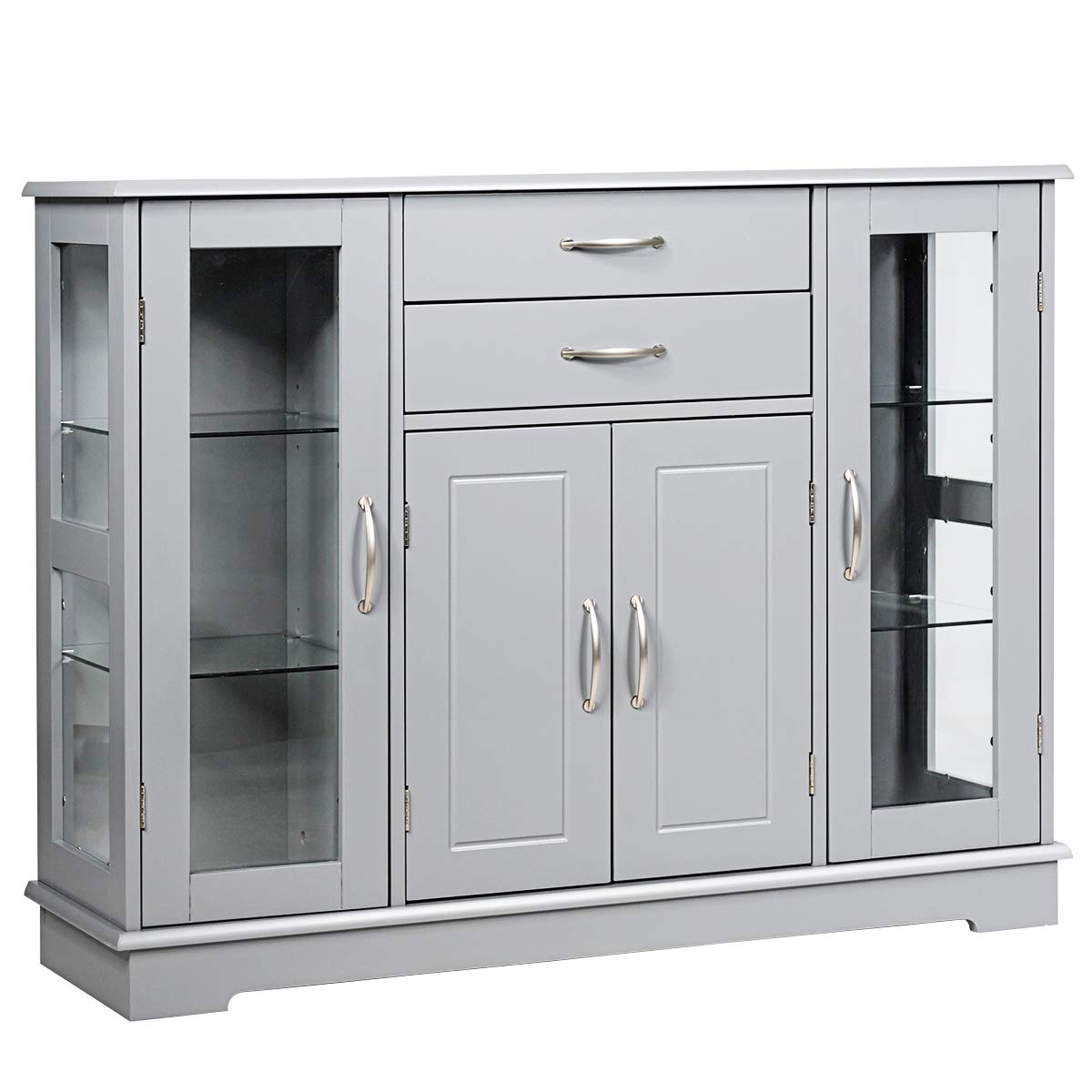 Giantex Sideboard Buffet Server Storage Cabinet with 2 Drawers, 3 Cabinets & Glass Doors - Kitchen & Dining Room Furniture Cupboard Console Table in Gray - Perfect for Home Storage, Entertaining & Displaying Dinnerware