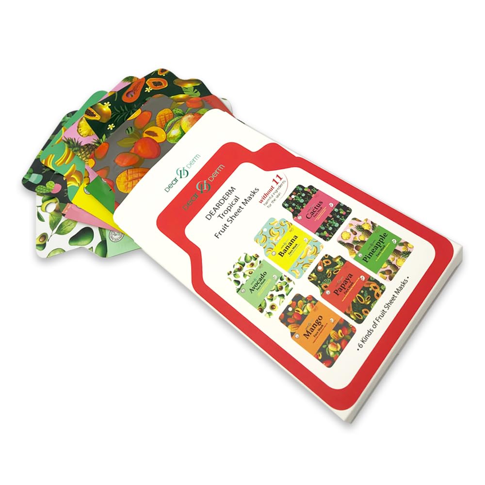 Dear & Derm 6-Piece Tropical Fruit Facial Sheet Mask Set - Hydrating, Moisturizing & Soothing Skincare Treatment with Papaya, Mango & More - Perfect for Spa Night, Self-Care Routine & Gift Giving