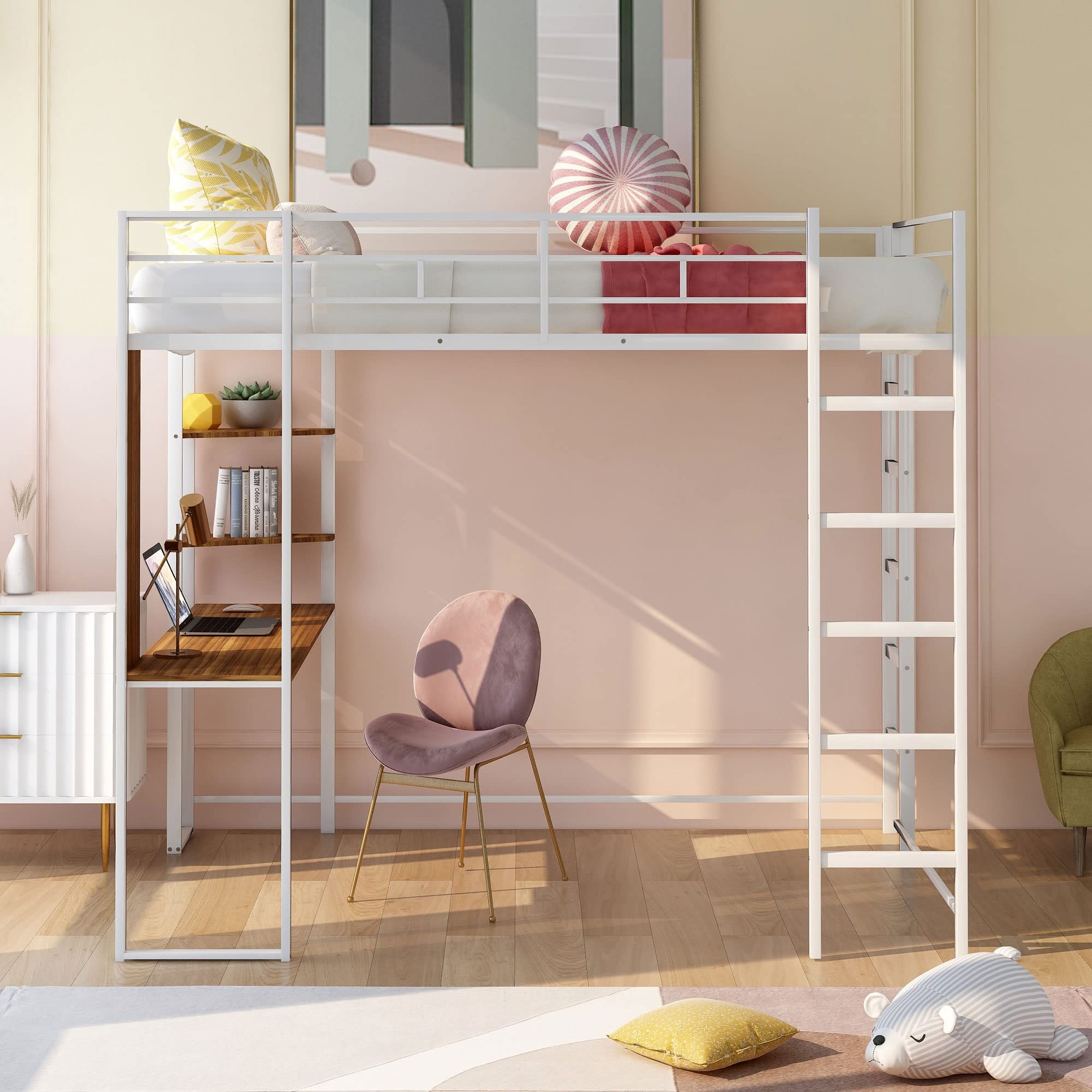 Harper & Bright Designs Full Size Loft Bed with Desk & Shelves - Heavy Duty Metal Frame for Kids & Teens - No Box Spring Needed - White - Perfect for Small Bedrooms, Dorm Rooms & Space-Saving Kids' Rooms