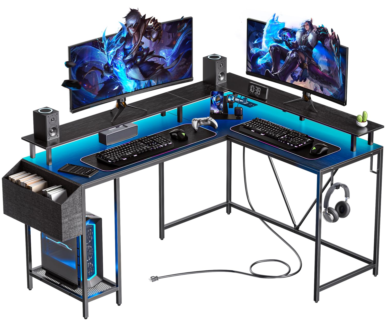 53 Inch L-Shaped Gaming Desk with Power Outlets & LED Lights - Home Office Computer Desk with Monitor Stand, Storage Bag & Hooks - Easy to Assemble Black Corner Desk for Gaming Setup & Workstation