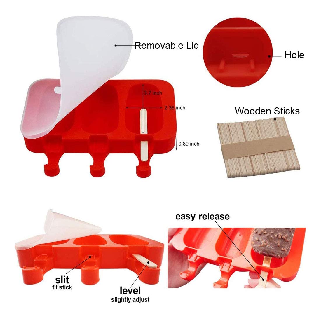 BPA-Free Silicone Popsicle Molds with Lid - 3 Cavity Ice Pop Maker for Homemade Popsicles, Ice Cream & Cake - Easy Release with 100 Sticks (Set of 2, Red) - Perfect for Summer Treats, Kids Snacks & Party Desserts