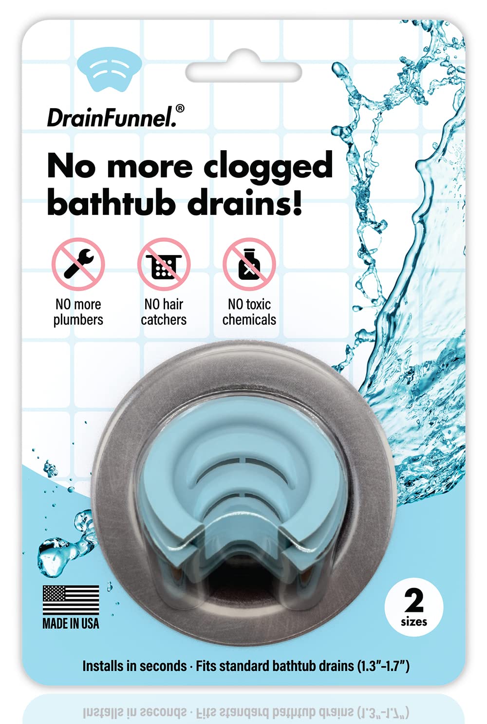 Bathtub Drain Funnel for Hair Clog Prevention - 2 Size Pack (1.3