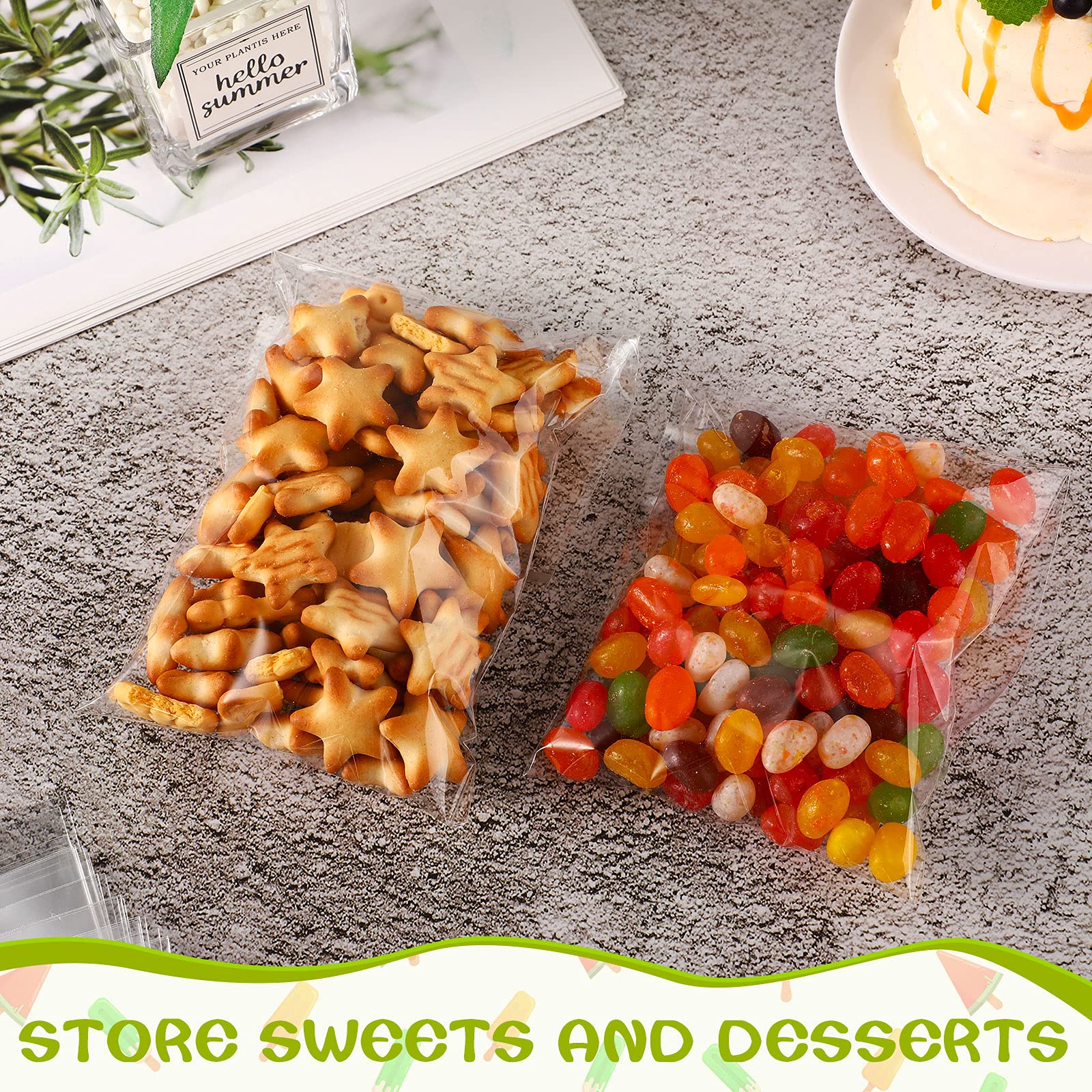 400 Pcs Ice Cream Sticks & Bags Kit - 300 Self-Adhesive Clear Pop Bags + 100 Wooden Sticks for DIY Ice Cream, Summer Parties & Frozen Treats | Perfect for Dessert Making, School Events & Birthday Celebrations