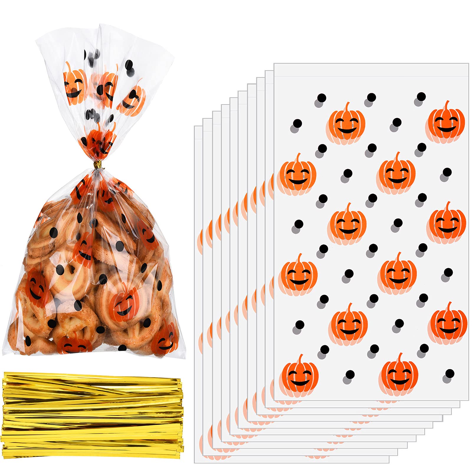 Halloween Pumpkin Print Cone Cellophane Bags - 100 Heat Sealable Treat Bags with Golden Twist Ties for Candy, Party Favors & Gift Giving - Perfect for Trick-or-Treat, Halloween Parties & Classroom Treats
