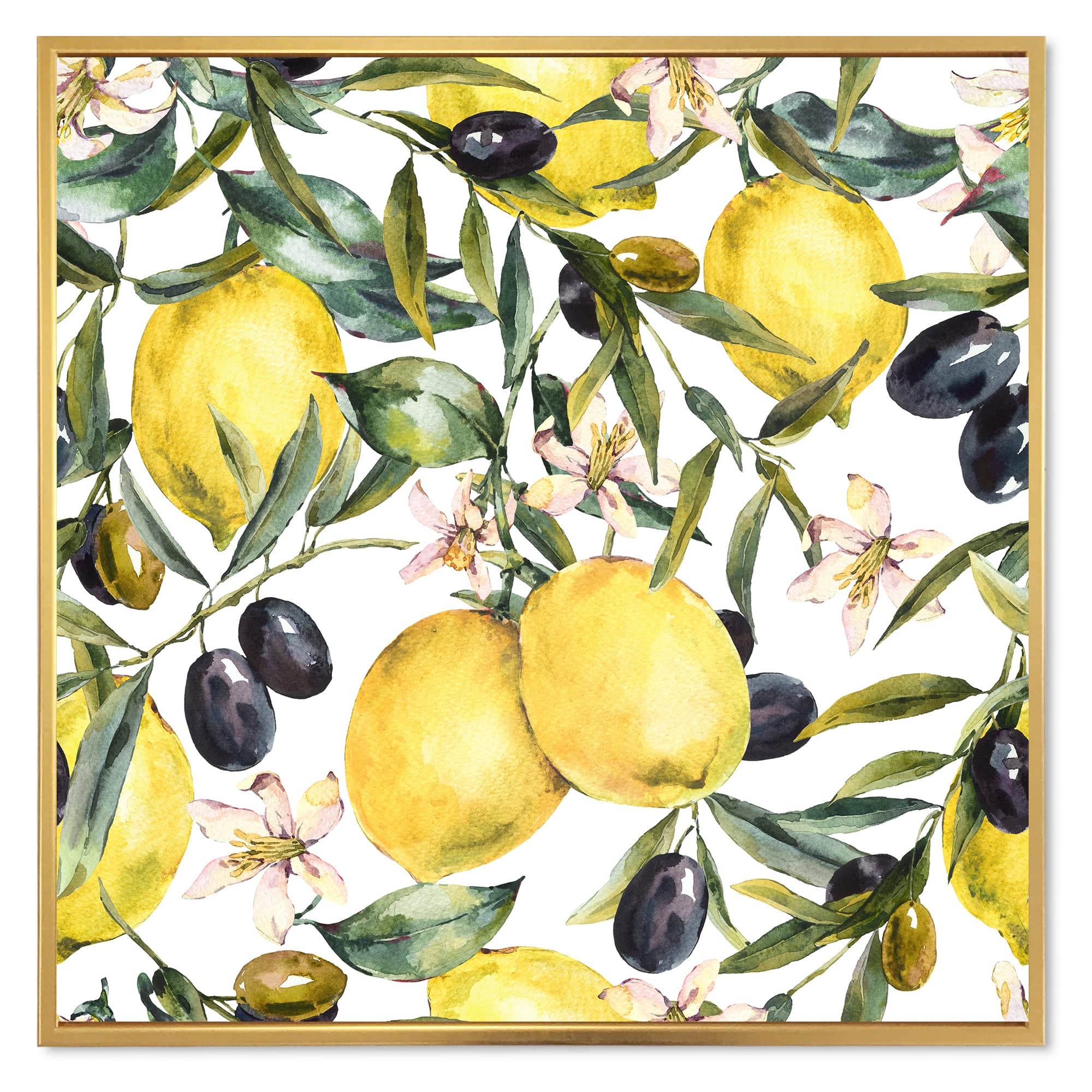 DesignQ Lemon and Olive Branches I - Tropical Framed Canvas Wall Art Print for Living Room, Bedroom & Office Decor | Modern Botanical Painting | Ready to Hang