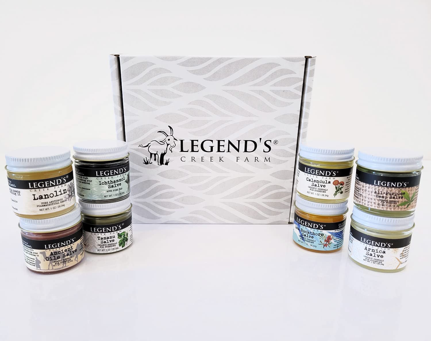 Legend's Creek Farm Herbal Salve Gift Box Set - 8 Pack of 1 oz Natural Healing Balms with Ichthammol, Calendula, Hemp, Sea Buckthorn, Tamanu, Arnica & Lanolin - Perfect for Skin Care, First Aid, Dry Hands & DIY Remedies