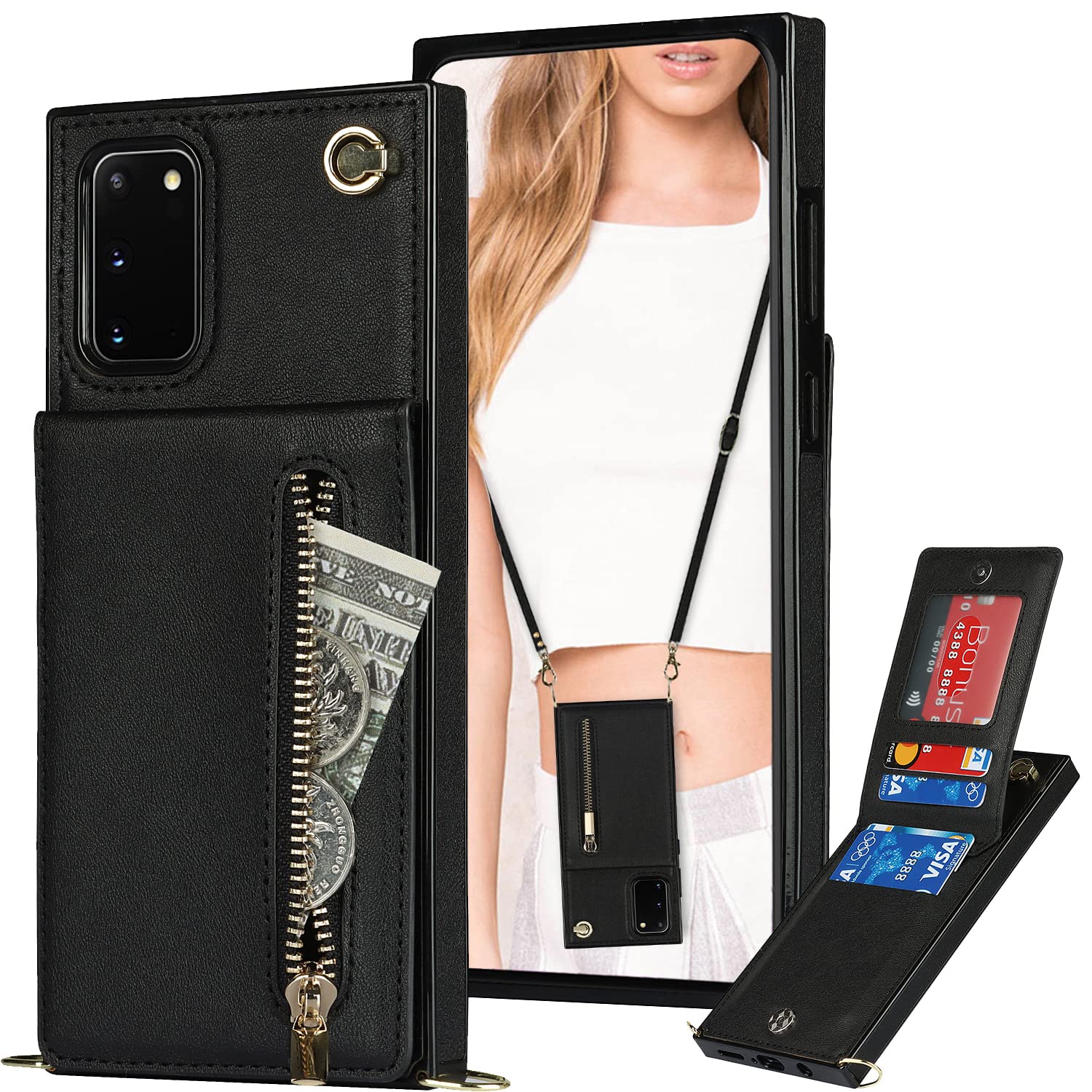 Samsung Galaxy S20 FE Wallet Case with Card Holder & Removable Crossbody Strap - Zipper Phone Case in Black | Perfect for Travel, Shopping & Everyday Use