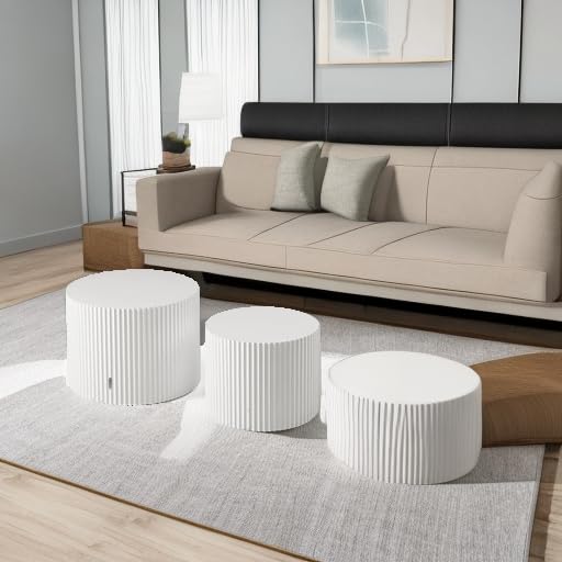 Kevinplus White Round Nesting Coffee Table Set of 2 - Modern Drum Side & End Tables for Living Room - Wood Circle Embossed Design - Contemporary Matte White Coffee Table Set - Perfect for Small Spaces, Apartments & Cozy Living Rooms