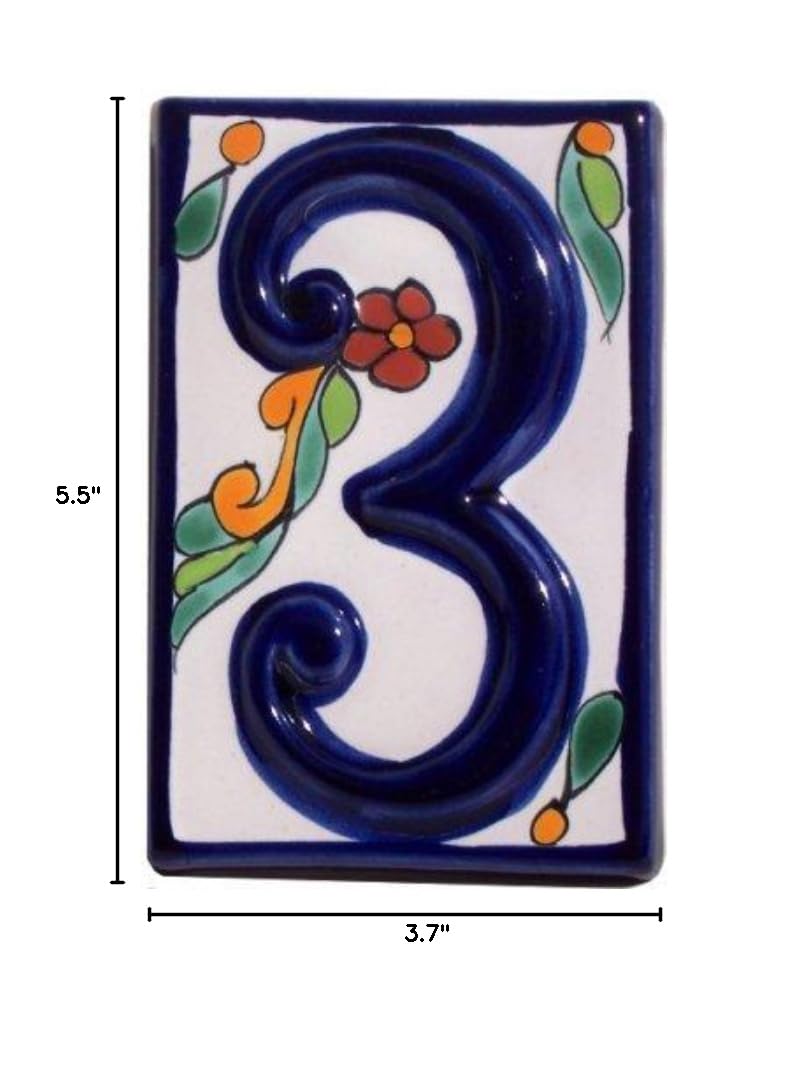Authentic Colonial Talavera Ceramic House Number 3 - Hand-Painted Mexican Tile Address Plaque for Front Door, Porch & Garden Decor