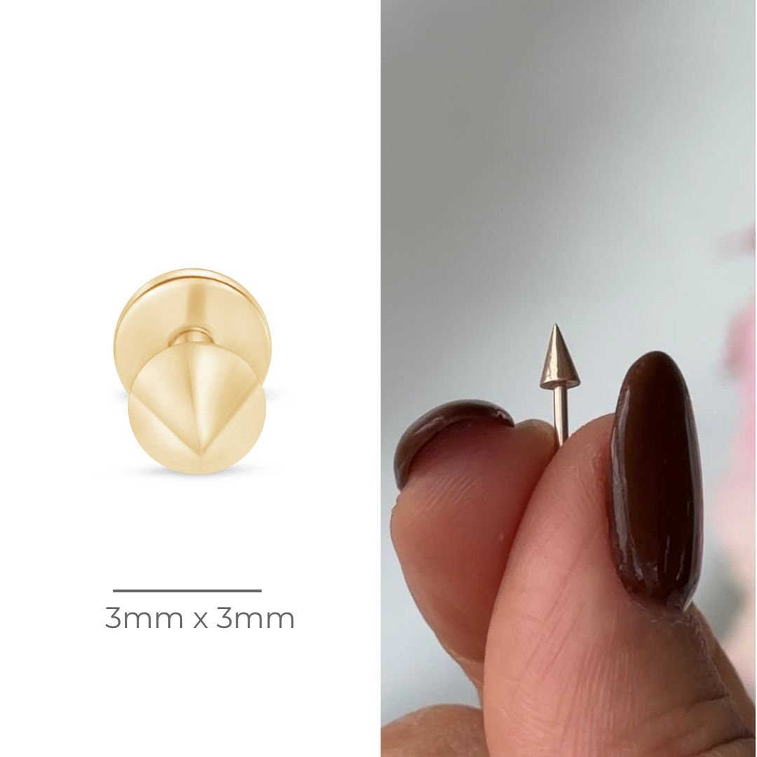 14k Solid Yellow Gold Spike Flat Back Stud Earrings for Women - Punk, Gothic & Everyday Fashion Jewelry